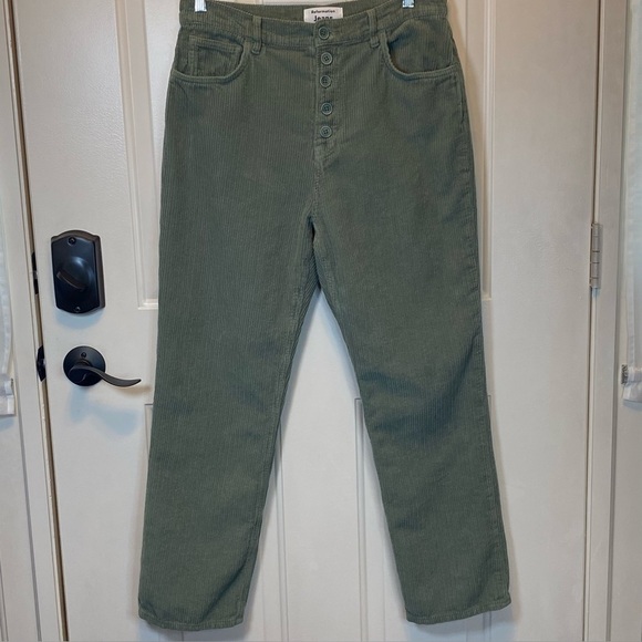 Reformation Cynthia Button Fly Sz 30 High Rise Green Wide Wale Corduroy Pants - Picture 1 of 11